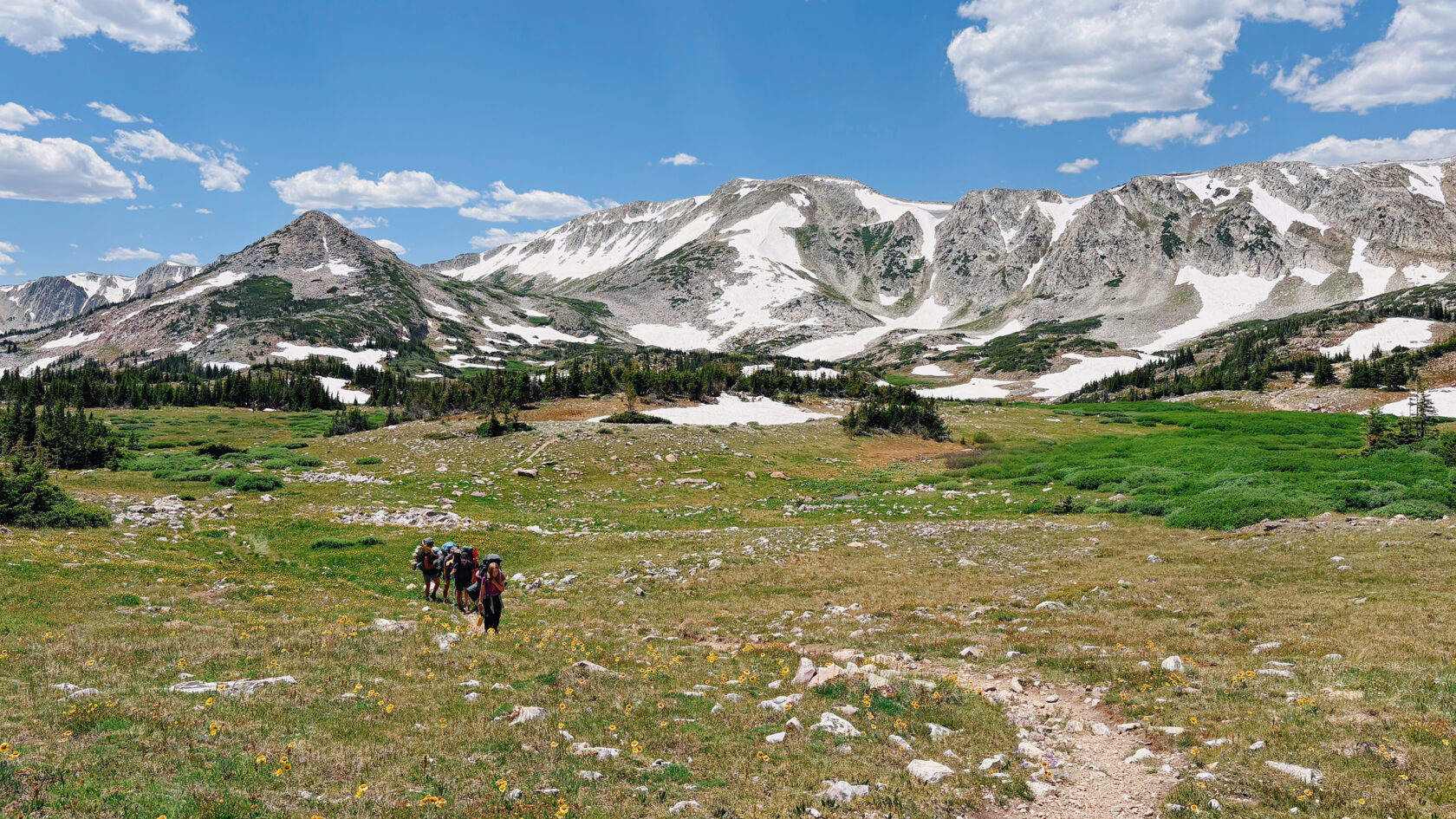 Group of middle schoolers backpacking through Rocky Mountain National Park.