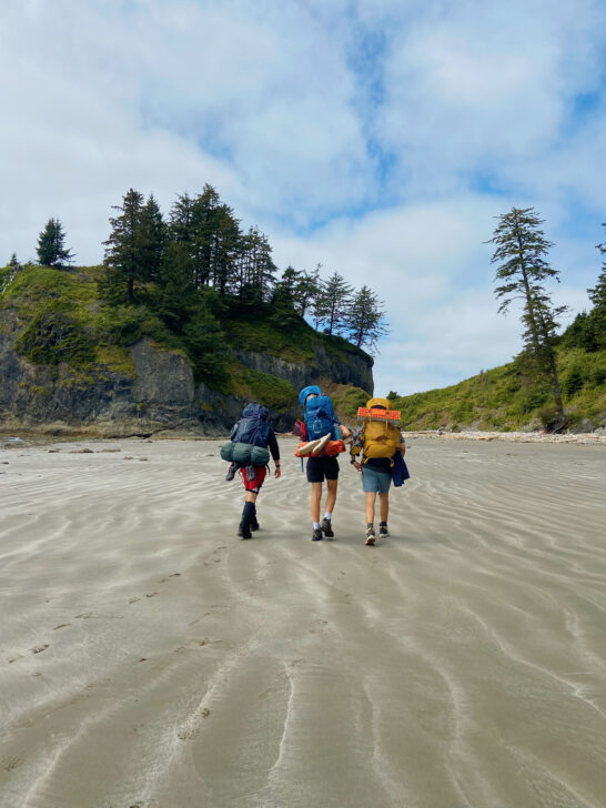 Three people backpacking along the Olympic Coast.