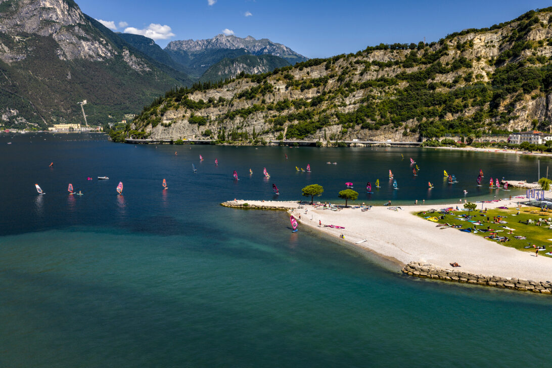 Scene of paddle boards on Lake Garda in Italy.
