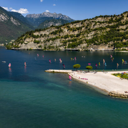 Scene of paddle boards on Lake Garda in Italy.