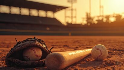Photo of baseball bat, baseballs, and baseball glove