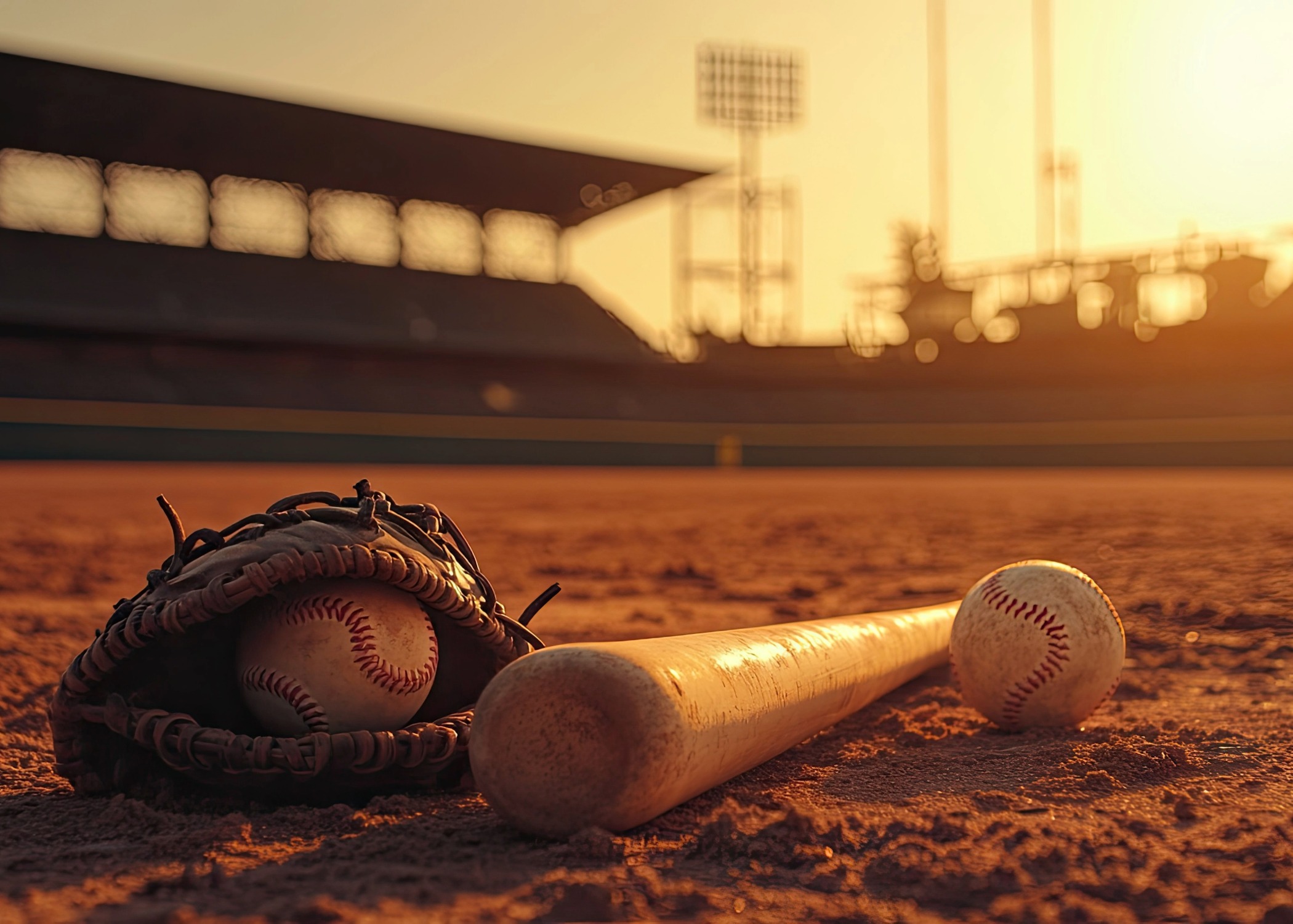 Photo of baseball bat, baseballs, and baseball glove