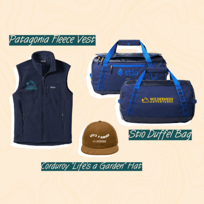 Raffle prizes including a Patagonia fleece, Stio duffel bag, and Life's a Garden hat. All WA branded.