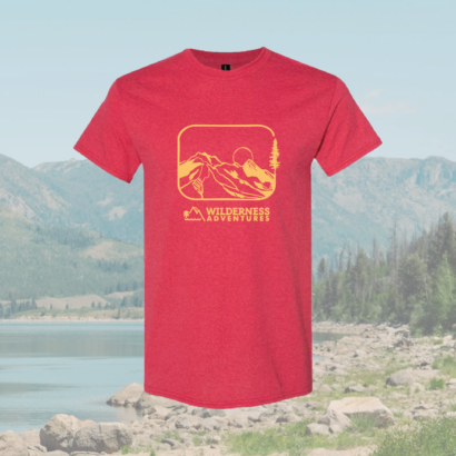 2026 Wilderness Adventures T-Shirt, red shirt with orange logo and design.